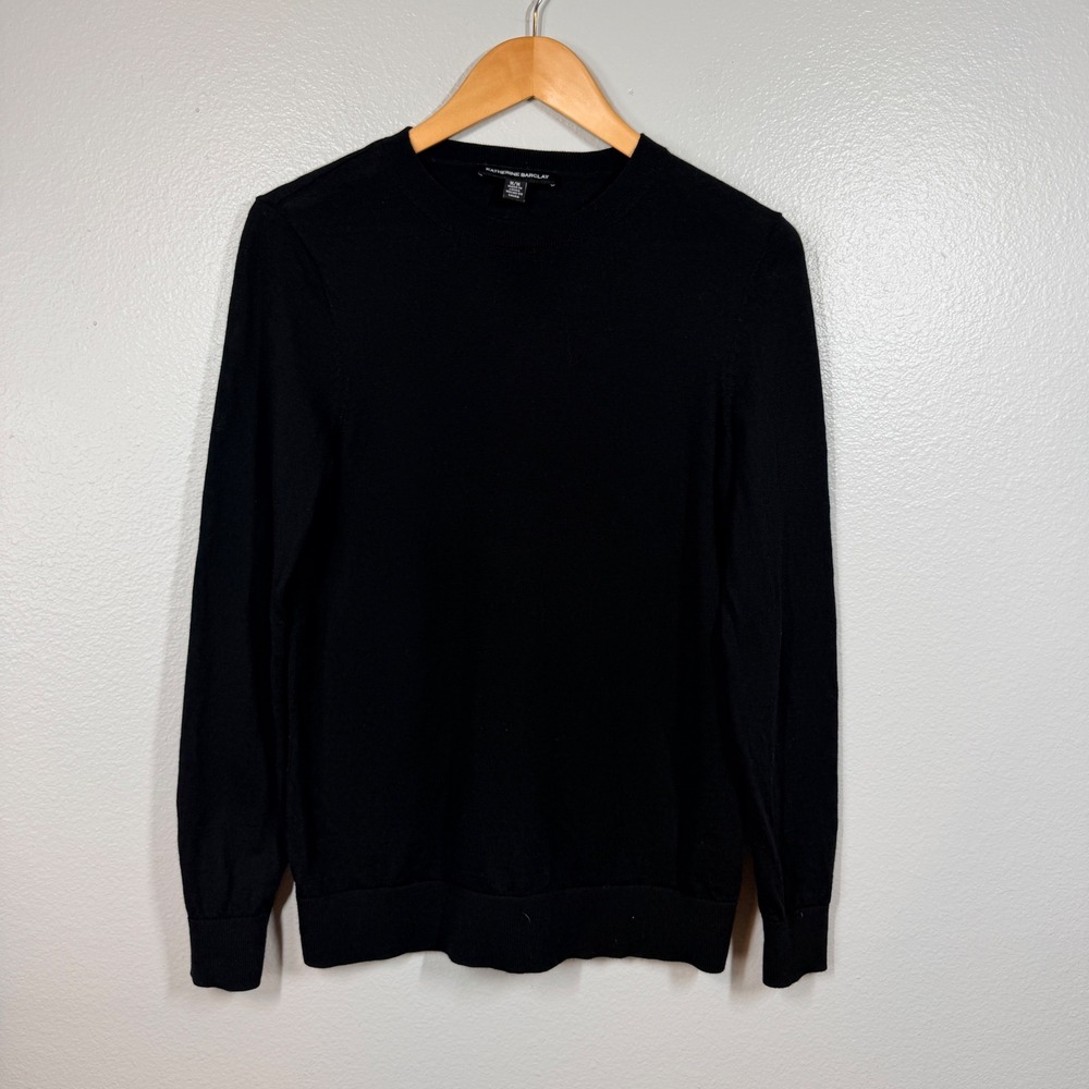 Katherine Barclay Sweater Women M Black Merino Extra Fine Pullover Crew Neck